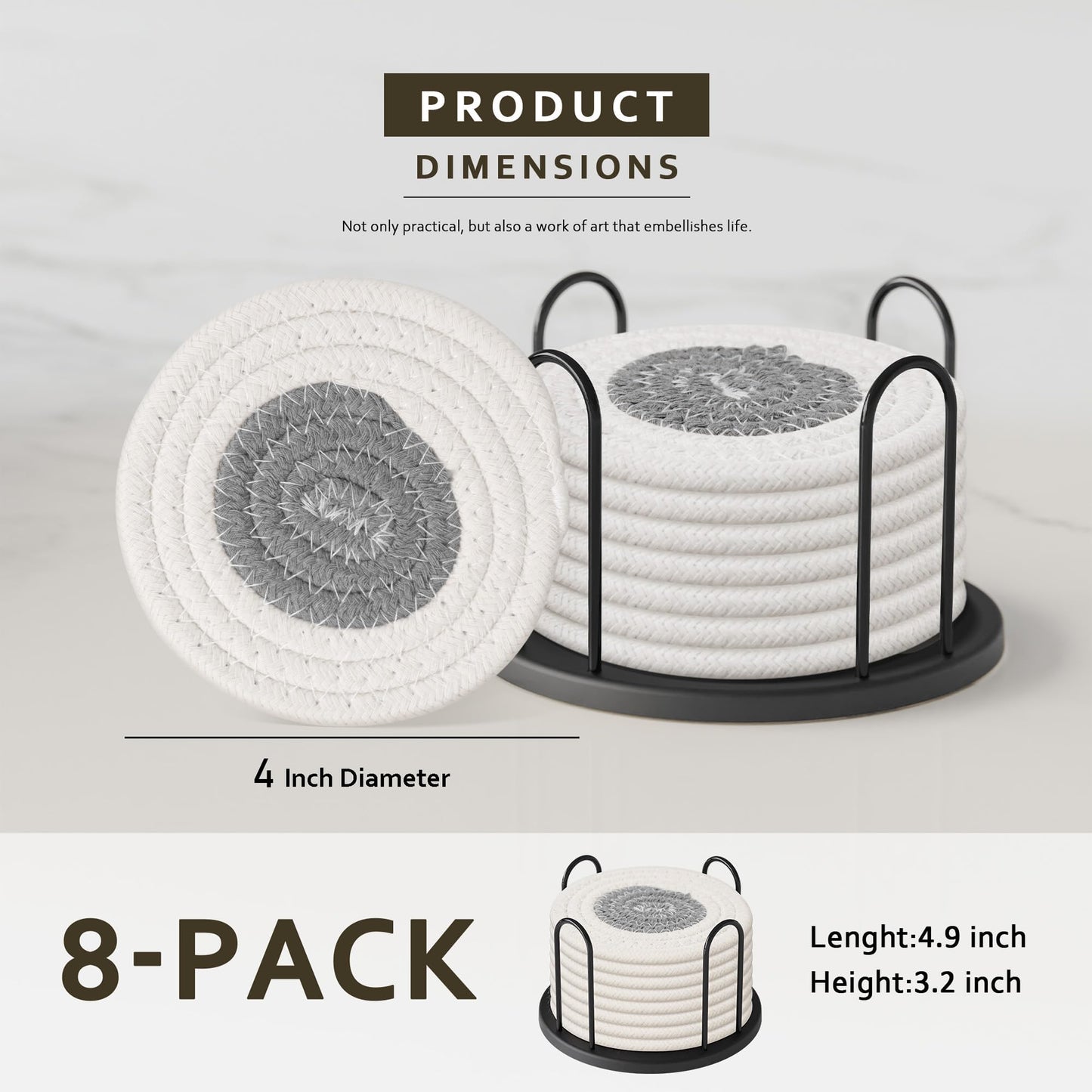 Lazebox Coasters Set of 8 for Drinks, 4 Inch Large Coasters for Coffee Table, Tabletop Protection for Hot & Cold Drinks, Versatile Coasters for Home Decor, Non-Slip & Easy to Clean, Coffee