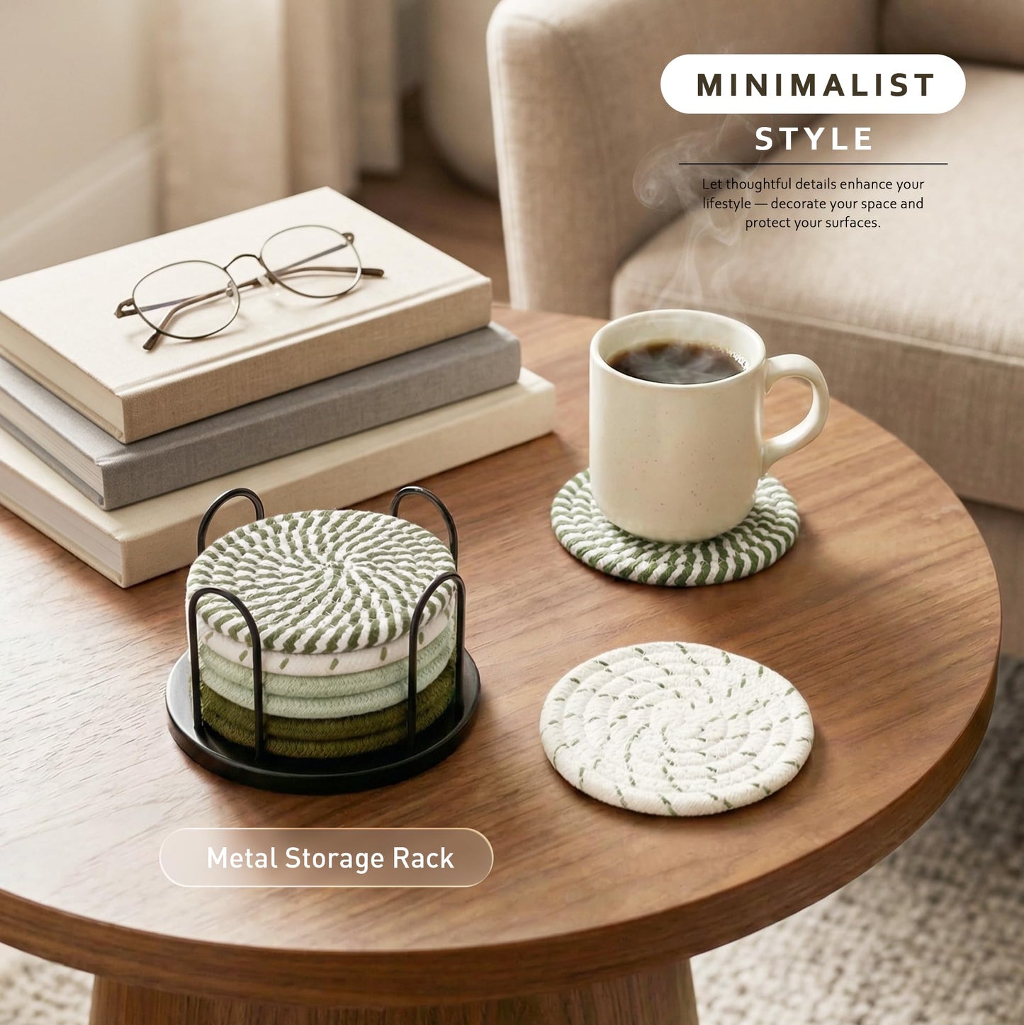 Lazebox Coasters Set of 8 for Drinks, 4 Inch Large Coasters for Coffee Table, Tabletop Protection for Hot & Cold Drinks, Versatile Coasters for Home Decor, Non-Slip & Easy to Clean, Coffee