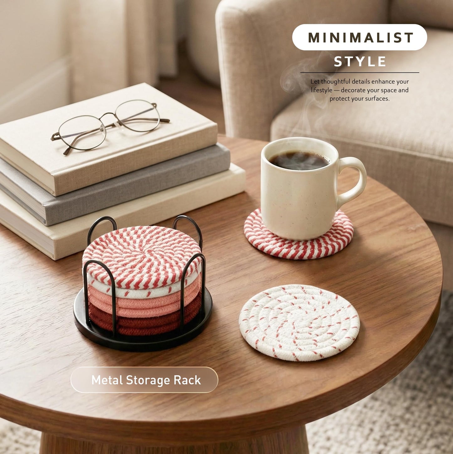 Lazebox Coasters Set of 8 for Drinks, 4 Inch Large Coasters for Coffee Table, Tabletop Protection for Hot & Cold Drinks, Versatile Coasters for Home Decor, Non-Slip & Easy to Clean, Coffee