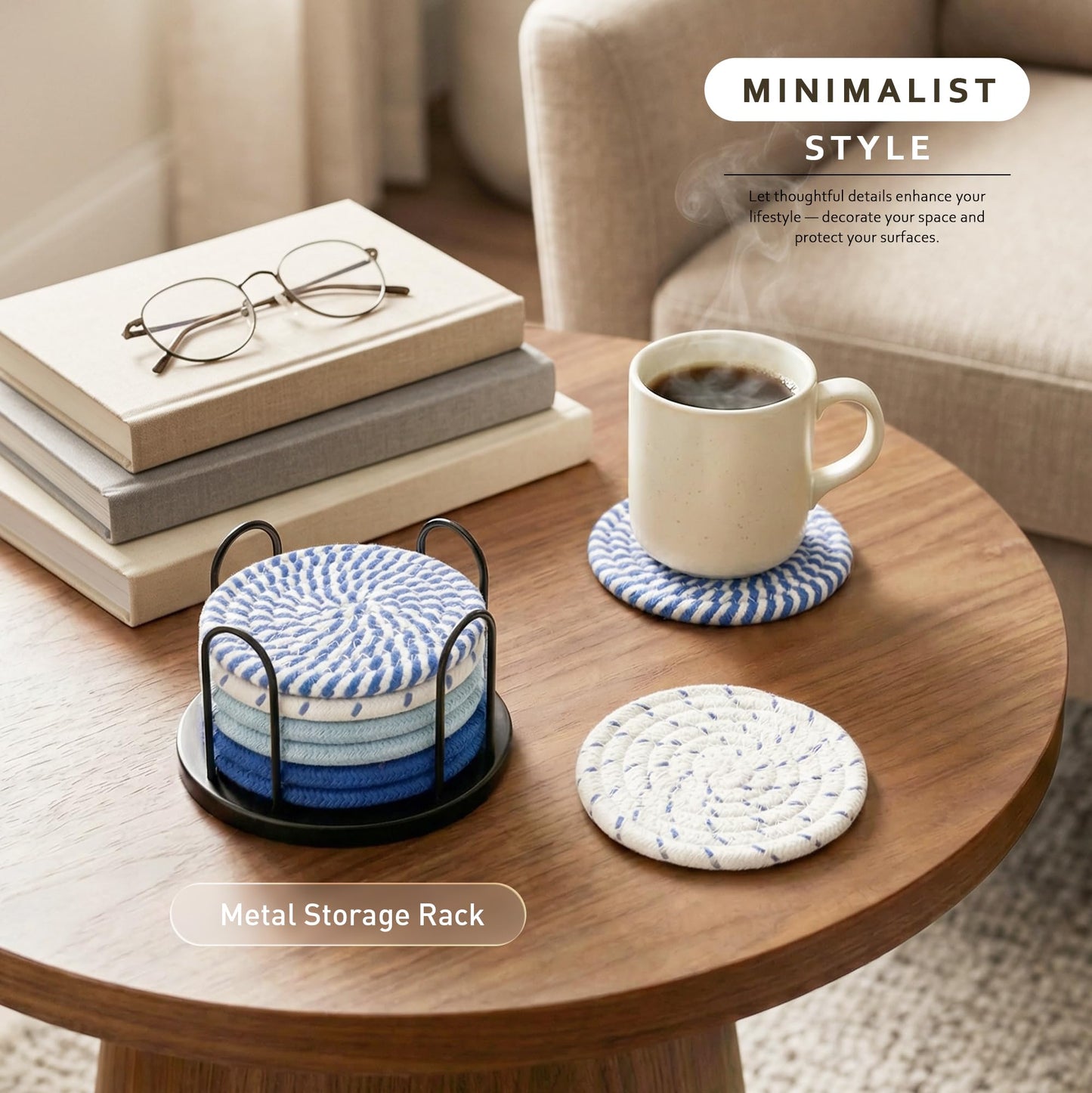 Lazebox Coasters Set of 8 for Drinks, 4 Inch Large Coasters for Coffee Table, Tabletop Protection for Hot & Cold Drinks, Versatile Coasters for Home Decor, Non-Slip & Easy to Clean, Coffee